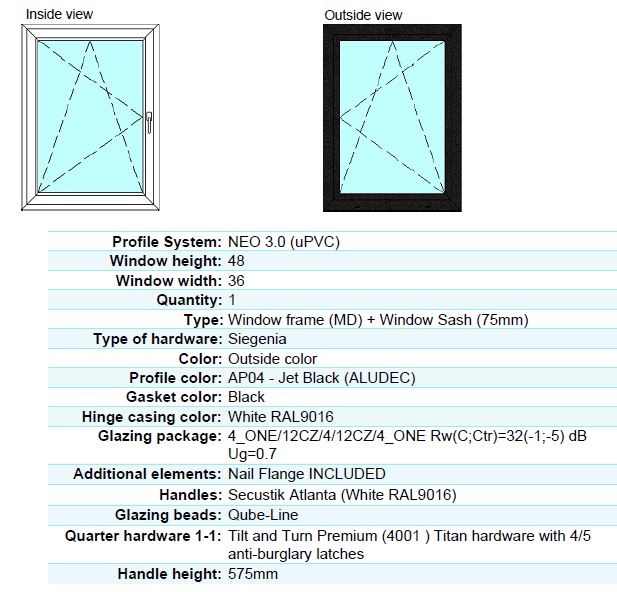 36 in X 48 in. uPVC-Triple Pane, Tilt & Turn, LowE-Glass +Screens +Nail Flange. White-Black; New Construction or Replacement. Left/Right Handed