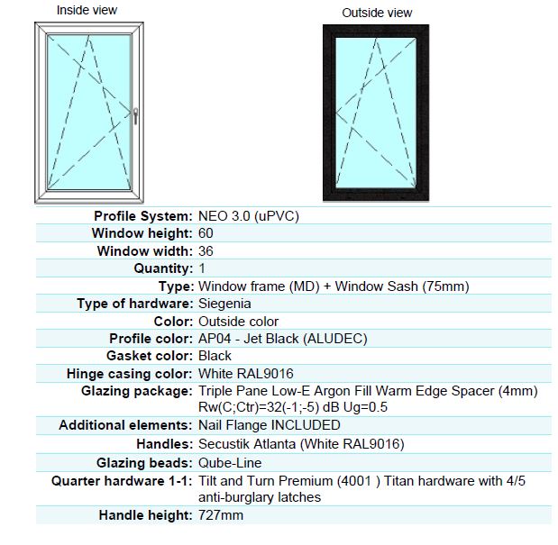 72 in X 48 in. uPVC-Triple Pane, Tilt & Turn, LowE-Glass +Screens +Nail Flange. Double Sash, New Construction or Replacement. Left/Right Handed, White or Black